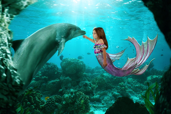 Mermaid Underwater with Dolphin Digital Background by Tara Mapes